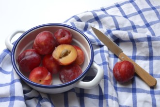 Red plums in skin on cloth, Prunus domestica