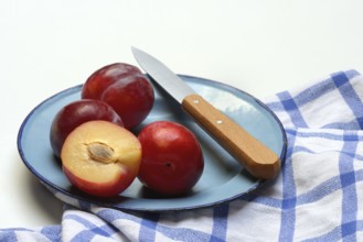Red plums on plate with kitchen knife, Prunus domestica