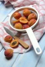 Apricots in colander, halved, Prunus armeniaca