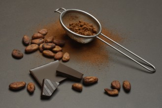 Kitchen sieve with cocoa powder and chocolate, cocoa and cocoa beans