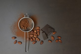 Kitchen sieve with cocoa powder and chocolate, cocoa and cocoa beans