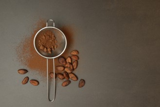 Kitchen sieve with cocoa powder, cocoa and cocoa beans