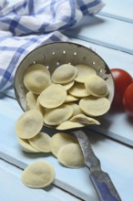 Anolini, filled dumplings in a sieve, pasta variety from Italy, Anolini piacentini