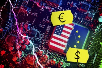 Computer chip with US and EU flags with price labels, symbolic photo Dispute over European digital