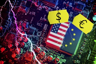 Computer chip with US and EU flags with price labels, symbolic photo Dispute over European digital