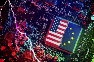 Computer chip with US and EU flags with lightning bolt, symbolic photo Dispute over European