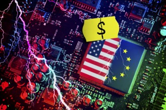 Computer chip with US and EU flags with price label and dollar sign, symbolic photo Dispute over