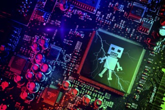 Computer chip with robot figure, symbolic photo of artificial intelligence, photomontage