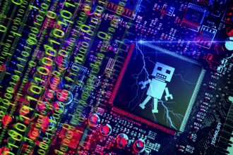 Computer chip with robot figure, symbolic photo of artificial intelligence, photomontage