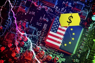Computer chip with US and EU flags with price label and dollar sign, symbolic photo Dispute over