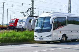 Goods trains and coach in the harbour area of Hamburg, Germany