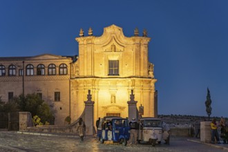 Church and Convent of St Agostino Chiesa e Convento di Sant'Agostino at dusk, Matera, Basilicata,