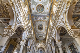 Interior and painted wooden ceiling of Matera Cathedral, Basilicata, Italy