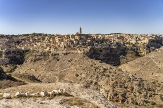 City view with the Sassi cave settlements and the cathedral of Matera, Basilicata, Italy