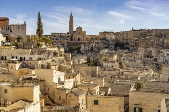 City view with the Sassi cave settlements and the cathedral of Matera, Basilicata, Italy