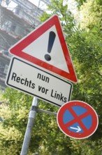 Traffic sign general danger zone with additional sign and traffic sign no stopping sign