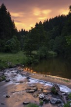 Landscape in the Black Forest, river Wutach near the Schattenmühle. Long exposure. Sunset. Wutach