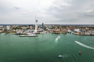 Portsmouth Harbour over Spinnaker Tower from a drone, Portsmouth, Gosport, England, United Kingdom