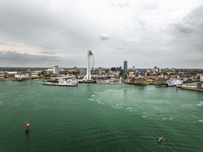 Portsmouth Harbour over Spinnaker Tower from a drone, Portsmouth, Gosport, England, United Kingdom