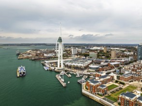 Portsmouth Harbour over Spinnaker Tower from a drone, Portsmouth, Gosport, England, United Kingdom