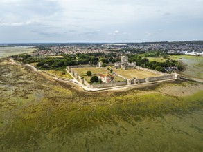Portchester Castle from drone, Portchester, Fareham, Hampshire, England, United Kingdom