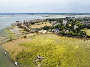 Portchester Castle from drone, Portchester, Fareham, Hampshire, England, United Kingdom