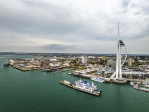 Portsmouth Harbour over Spinnaker Tower from a drone, Portsmouth, Gosport, England, United Kingdom
