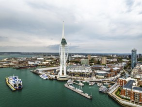 Portsmouth Harbour over Spinnaker Tower from a drone, Portsmouth, Gosport, England, United Kingdom