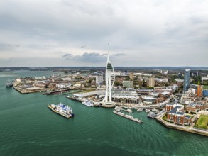 Portsmouth Harbour over Spinnaker Tower from a drone, Portsmouth, Gosport, England, United Kingdom