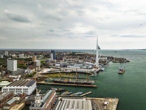 Portsmouth Harbour over Spinnaker Tower from a drone, Portsmouth, Gosport, England, United Kingdom