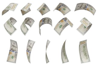 Build your own set - randomly falling collection of U.S. 100 dollar bills isolated on a white