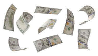 Build your own 1 (of 3) - randomly falling collection of U.S. 100 dollar bills isolated on a white