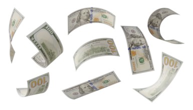 Build your own 2 (of 3) - randomly falling collection of U.S. 100 dollar bills isolated on a white