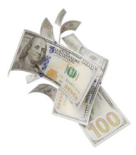 Randomly falling U.S. 100 dollar bills isolated on a white background