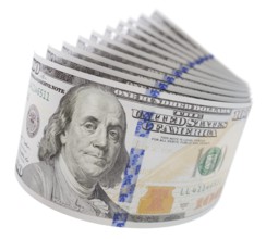 Abstract set of U.S. 100 dollar bills isolated on a white background