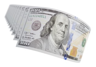 Abstract set of U.S. 100 dollar bills isolated on a white background