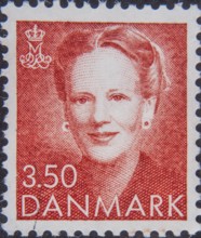 Margrete II, born 1940, Queen of Denmark. Portrait on a Danish stamp