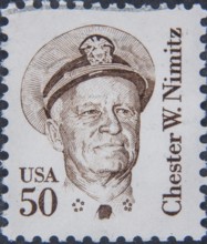 Chester W. Nimitz (1885, 1966) admiral in the US Navy during WWII. Portrait on US postage stamp