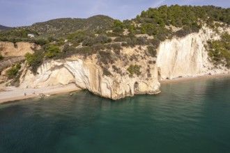 Beach of Baia Di Mattinatella and Cala di Enea near Mattinatella seen from above, Mattinata,