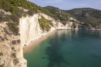 Beach and bay Cala di Enea near Mattinatella seen from above, Mattinata, Gargano, Apulia, Italy