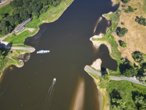 DefaultAerial view, Elbe, yaw ferry, shipping, reed bed, ferry connection, ferry, foggy mood,