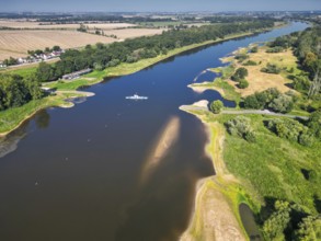 Aerial view, Elbe, yaw ferry, shipping, reed bed, ferry connection, ferry, foggy mood, sunrise,
