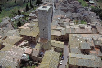 Roofscape and a gender tower of San Gimignano, Toakana, Italy