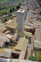 Roofscape and a gender tower of San Gimignano, Toakana, Italy