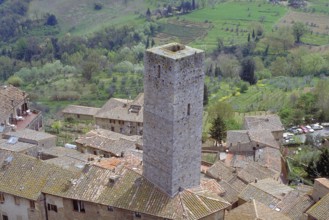 Roofscape and a gender tower of San Gimignano, Toakana, Italy