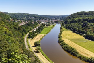 View of the Weser from the Skywalk towards Bad Karlshafen, Beverungen, Höxter, East Westphalia,