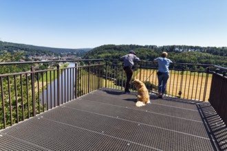 Dog walkers enjoy the view of the Weser from the Skywalk, Beverungen, Höxter, East Westphalia,