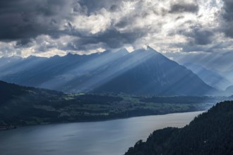 Bernese Oberland mountain peaks Niesen and Lake Thun, Reichenbach im Kandertal, Switzerland