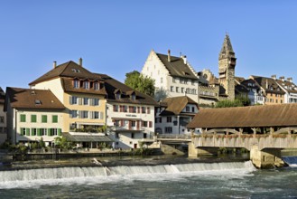 Old town with the tower of the Muri- Amthof, in the foreground the weir, the old wooden bridge over