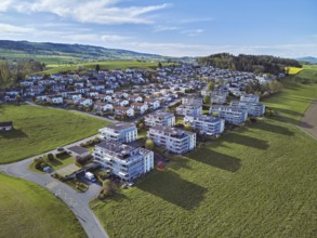 View of the village with the neighbourhood Freudenberg and Brunnenweid, Sins, Freiamt, Canton,